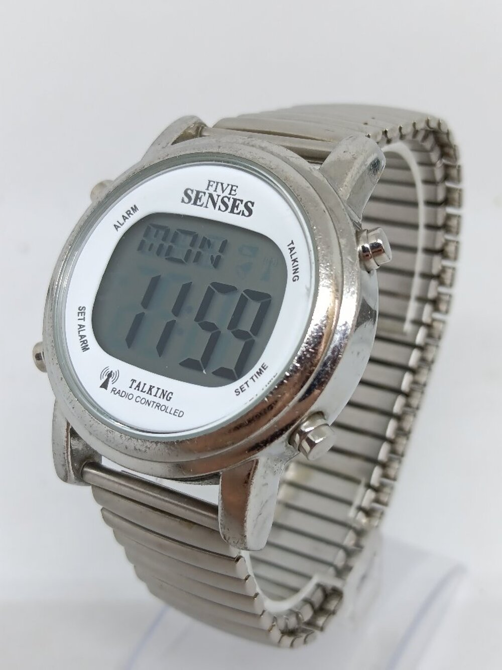 Five Senses Atomic 40mm Silver Tone Digital Talking Time Day Date Alarm Watch